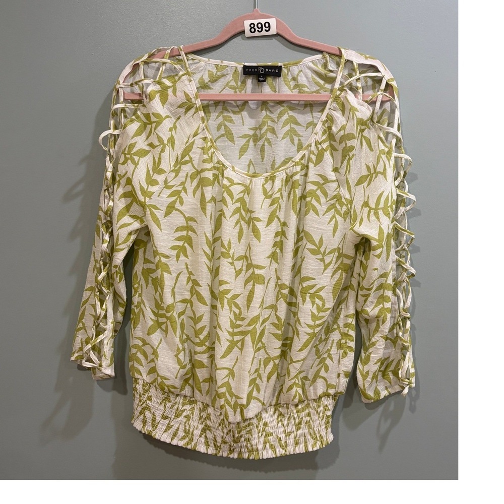 Fred David Green Leaf Print Blouse Lattice Sleeve Smocked Hem Top Large